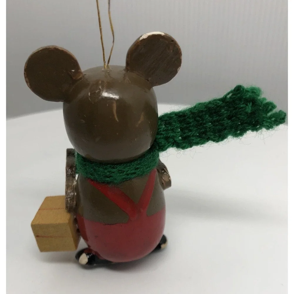 Vintage Wooden Hand Painted Bear Ornament Green Knitted Scarf 2.5